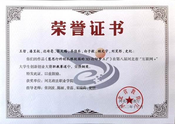 1.学生技能大赛 2022年12月第八届河北省“互联网+”大学生创新创业大赛职教赛道荣获铜奖